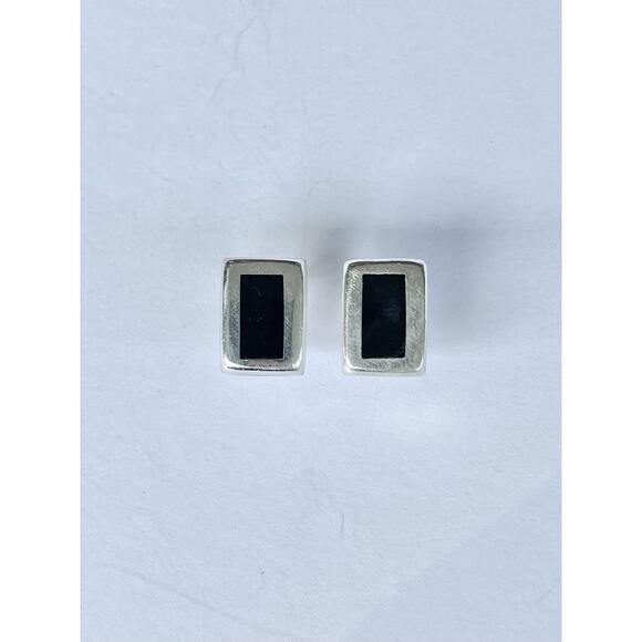 1960s Taxco TA-142 925 Silver & Black Onyx Baguette Rectangle Post Stud Earrings - Picture 2 of 8